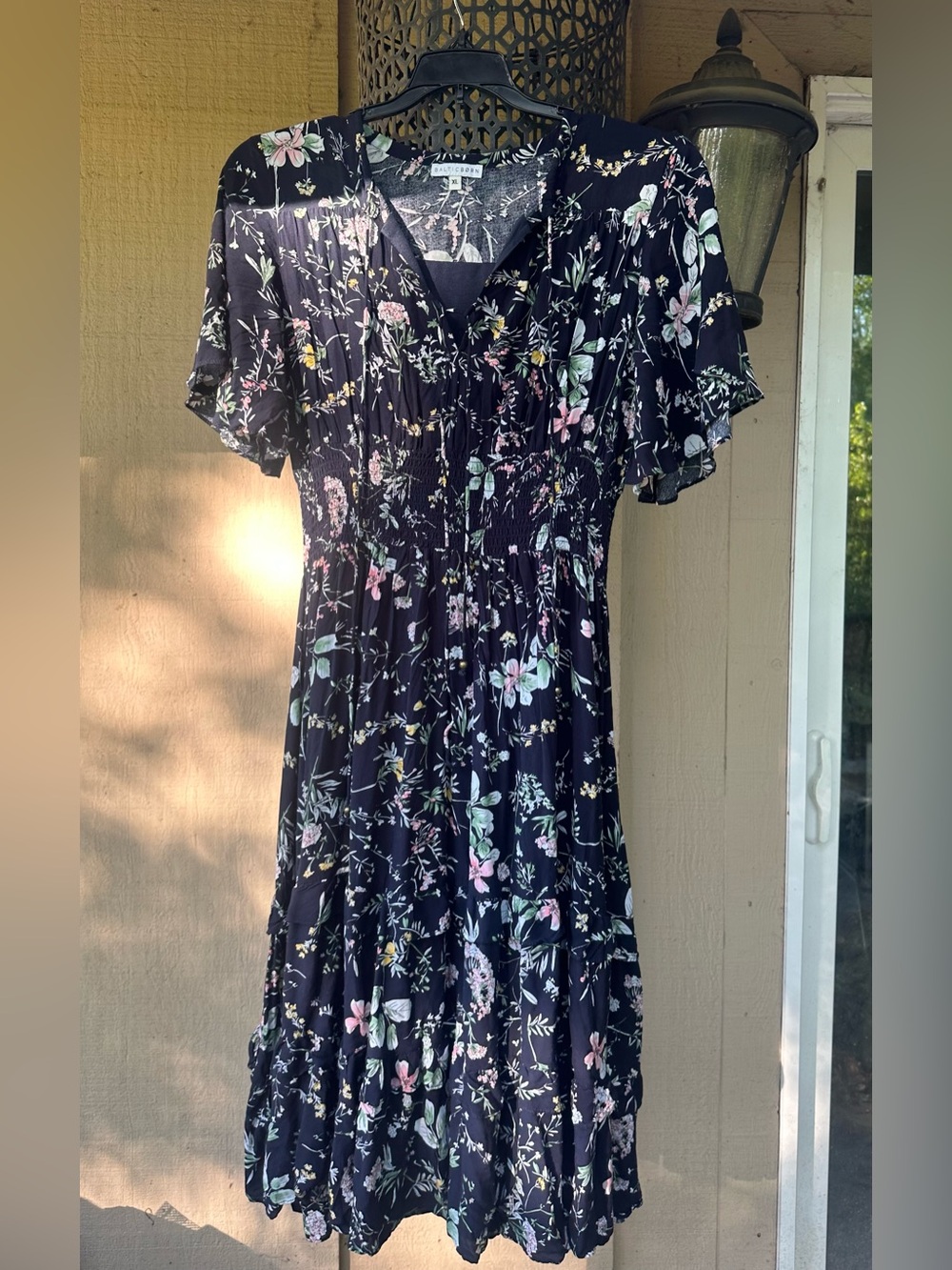 Baltic Born Floral V-Neck Smocked Waist Midi Dress - Black with Pastel Flowers